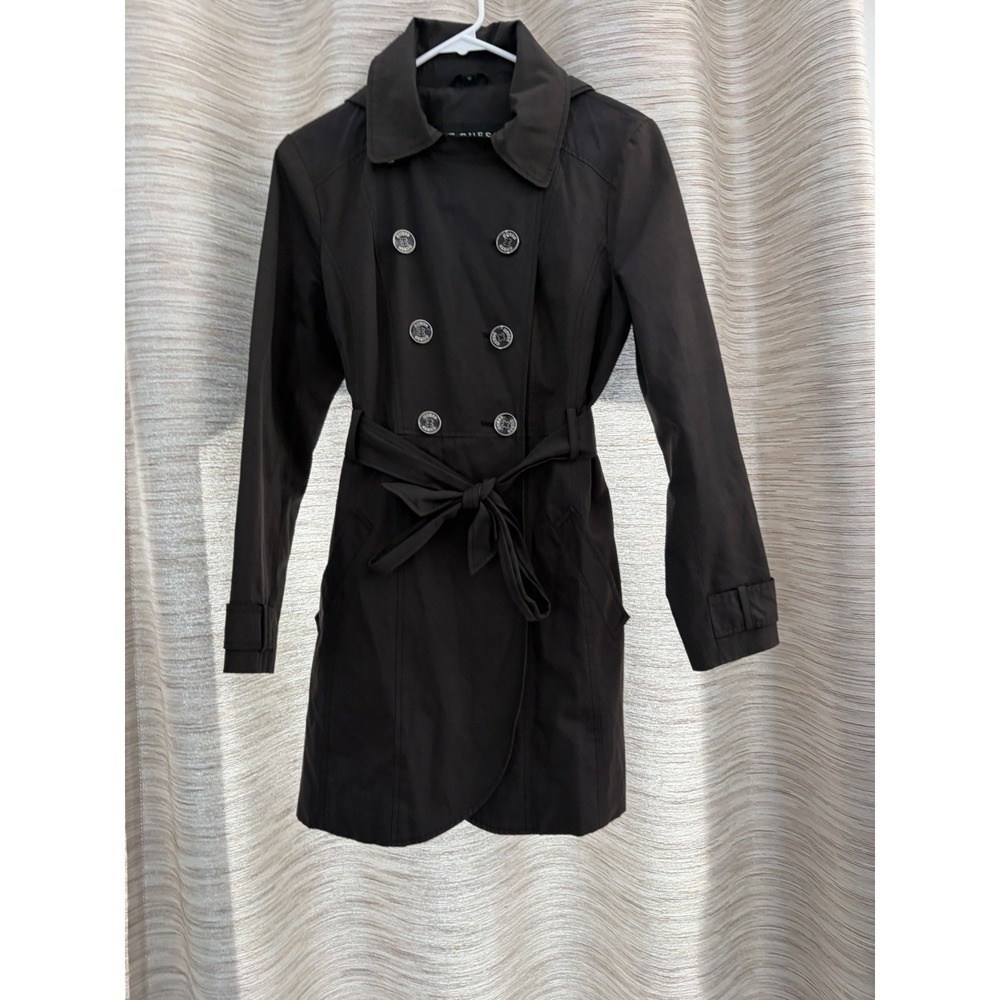 Guess Los Angeles Womens Double Breasted Trench Coat Brown‎ Floral Lining Size M